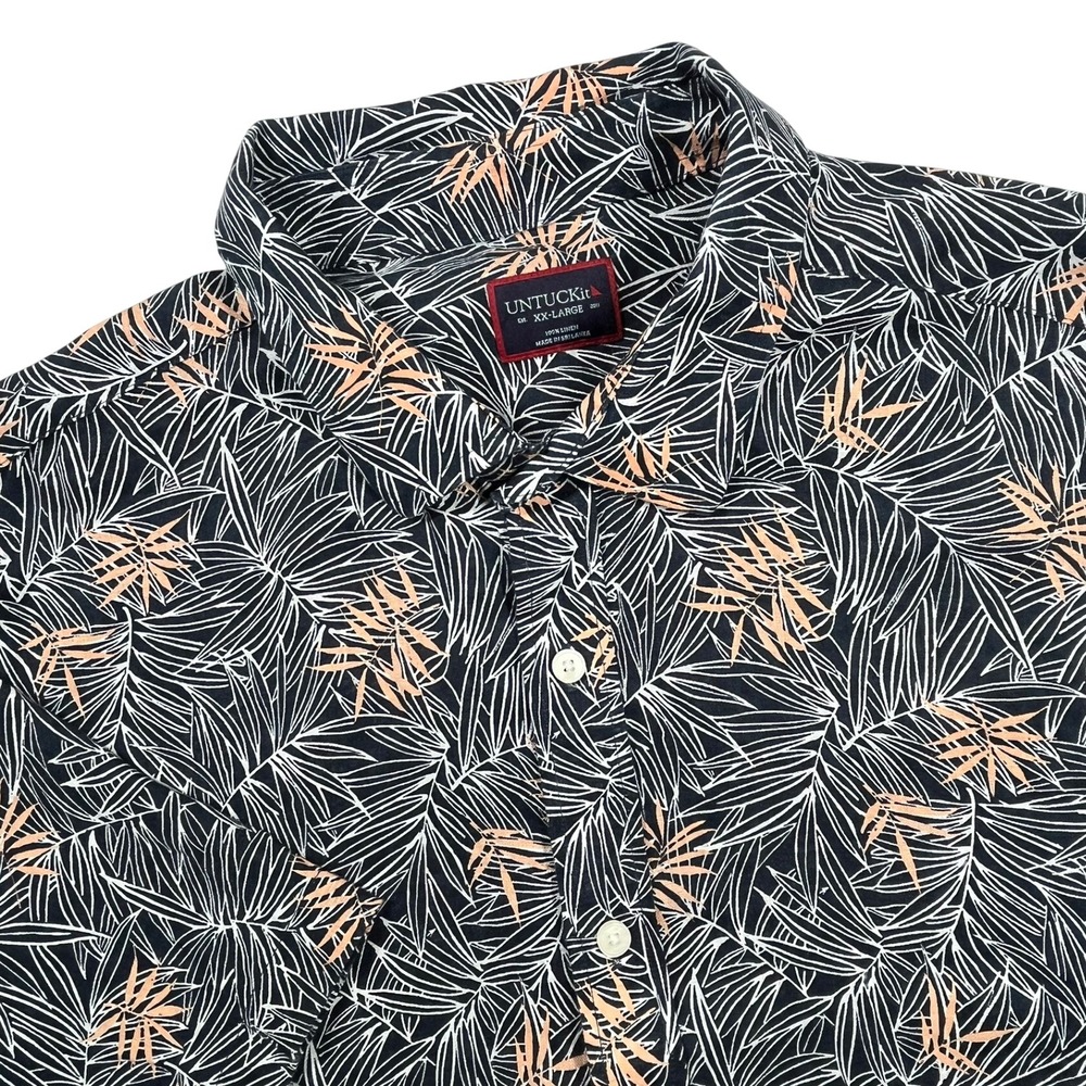 UNTUCKit DurizeShirt Mens XXL Navy Palm Print 100% Linen Short Sleeve Button